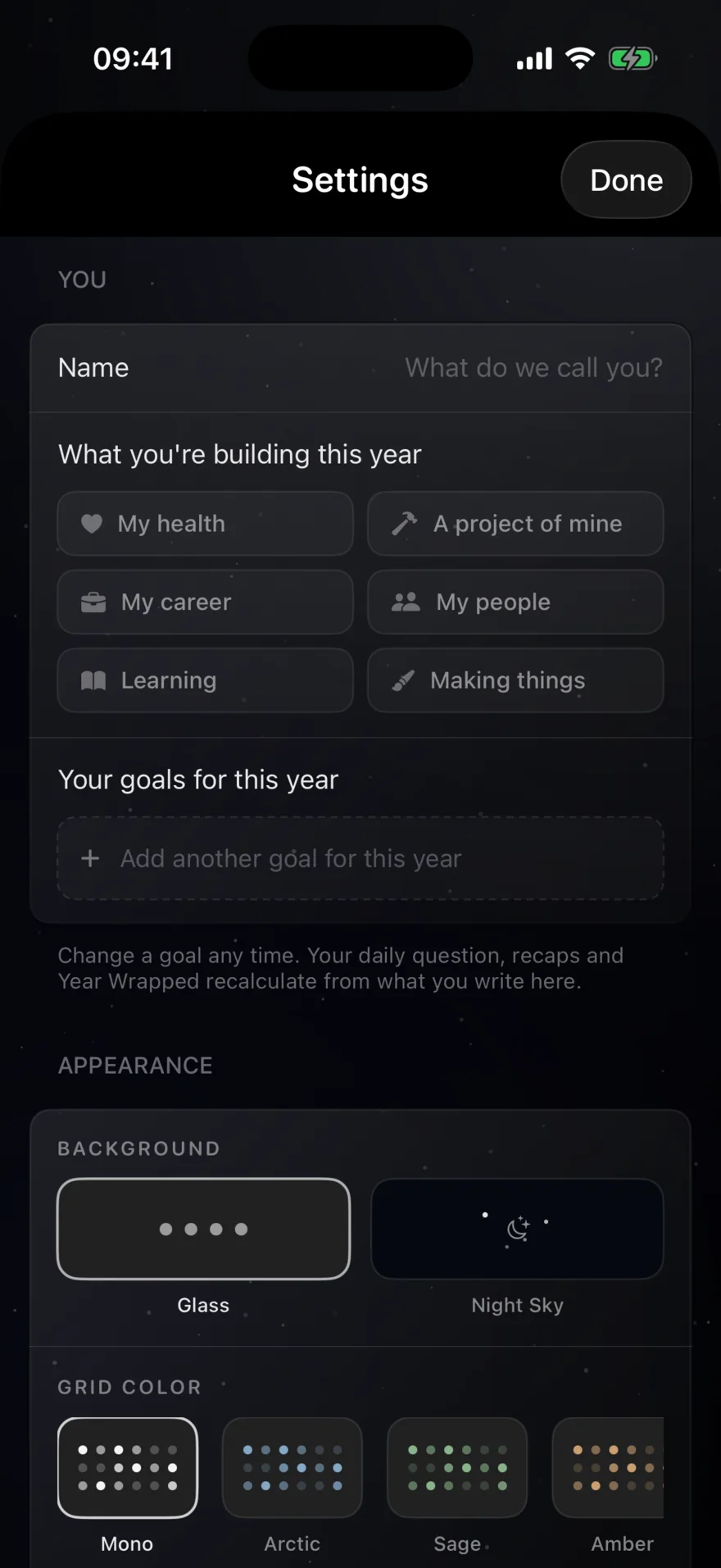 One Percent settings showing what you're building this year: health, a project, career, people, learning, plus your goals in your own words