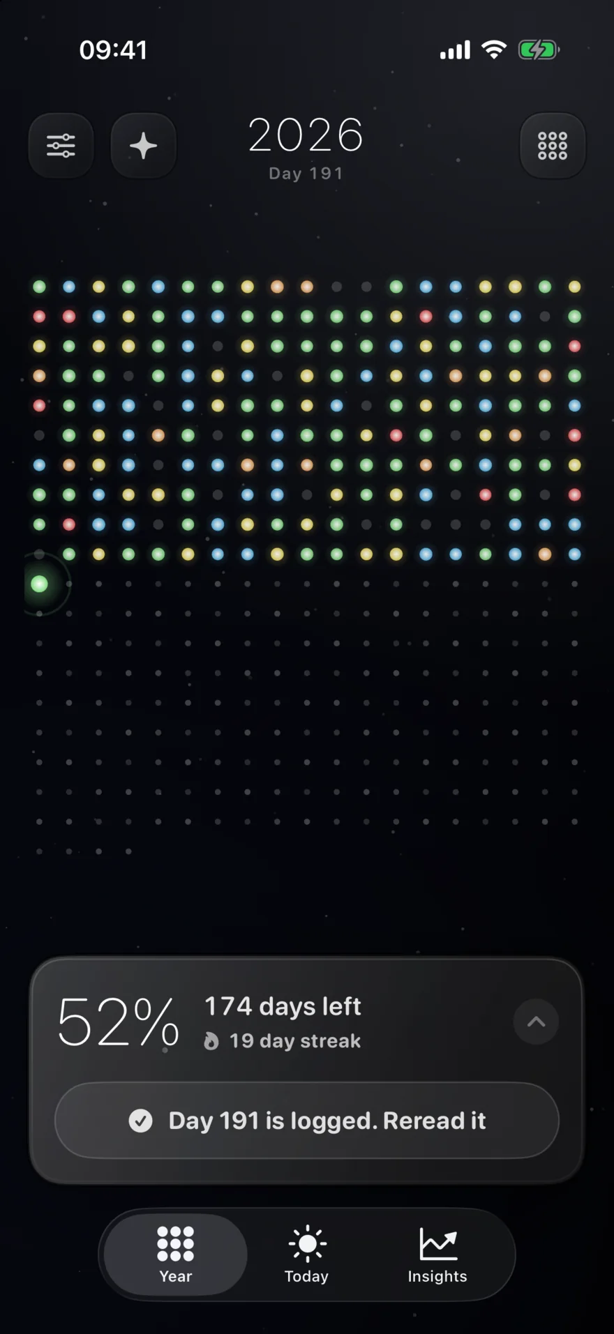 One Percent home screen: the 2026 grid at day 191, 52% of the year lit, 19-day streak, tonight's dot logged